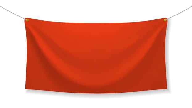 Red fabric banner with folds and transparent shadow isolated on white background. Blank hanging textile template. Empty mockup. Vector illustration