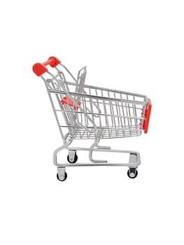 Decorative shiny chrome metal supermarket shopping empty trolley on wheels right side view isolated