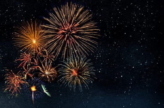 Bright sparkle lights in starry night sky. Firework banner for celebration and holiday background