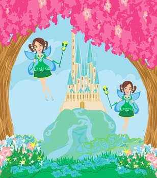 beautiful fairies fly around the magic castle