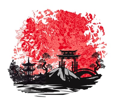 Abstract card with Japanese landscape
