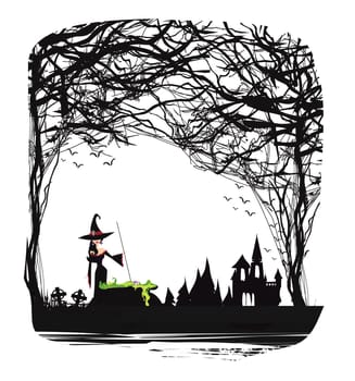 Halloween night frame with scary haunted castle and a witch preparing poison