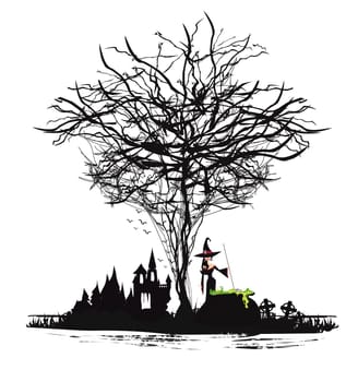 Halloween night frame with scary haunted castle and a witch preparing poison