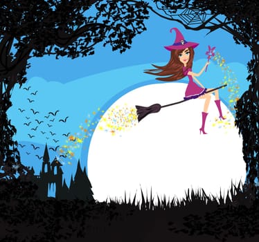 Witch flying on a broom - invitation to a halloween party