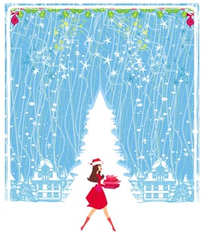 Winter girl with gift box, holiday sale card