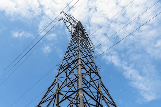 Electricity concept, Close up high voltage power lines station. High voltage electric transmission pylon silhouetted tower. Blue sky and low angle view
