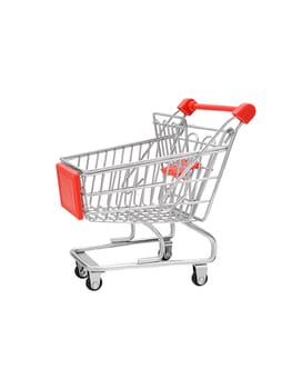 Decorative shiny chrome metal supermarket shopping empty trolley on wheels left side view isolated