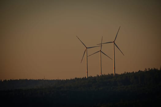 Wind power turbines and forest in dawn