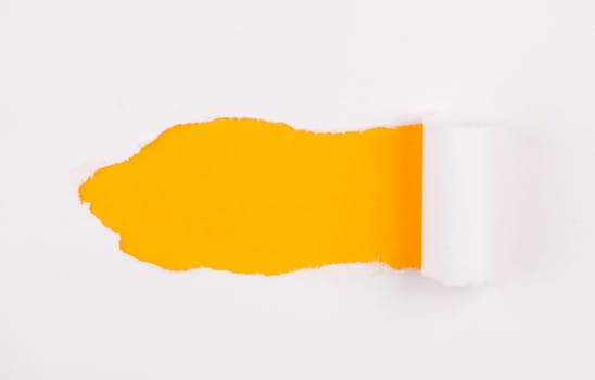 White torn paper, orange background, empty copy space, ripped sheet
