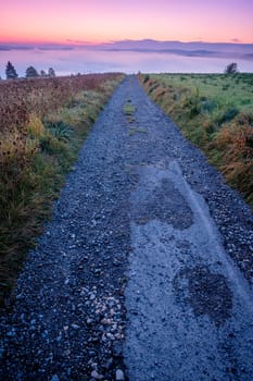 Field road with straight direction to fog in dawn valley