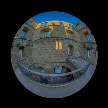 Ruin of german castle yburg with fish-eye distortion shot