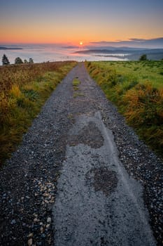 Field road in direction th the sun sunstar sunrise scene