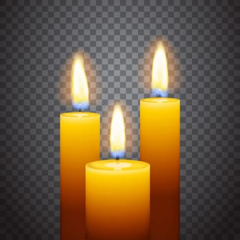 Set of three burning candles. Religious celebration, spa relaxation, memorial event concept. Realistic flame, transparent details. Graphic design element for poster, flyer, book. Vector illustration