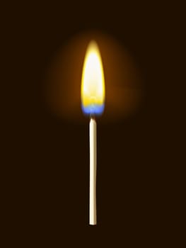 Realistic burning matchstick flame with transparency, isolated on black background. Vector illustration