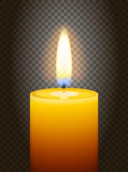 Realistic burning candle. Transparency grid. Special effect. Ready to apply to your design. Graphic element for documents, templates, posters, flyers. Vector illustration
