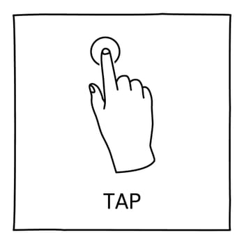 Doodle gesture icon. Tap once. Touch screen hand finger gestures. Hand drawn. Isolated on white. Vector illustration.