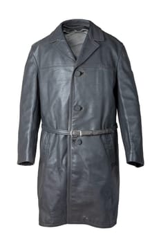 Leather coat isolated. Closeup of a old vintage grey leather coat on mannequin isolated on white. Men's fashion style from the middle of the last century.