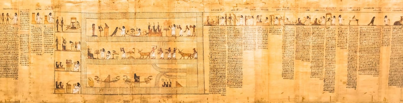 TURIN, ITALY - CIRCA MAY 2021: ancient Egyptian papyrus with hieroglyphic funerary text. Circa 1550 BC antique manuscript.