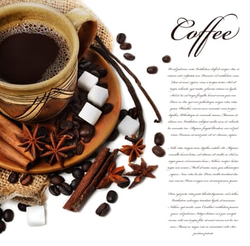 Coffee cup with vanilla, cinnamon, anise seed and sugar