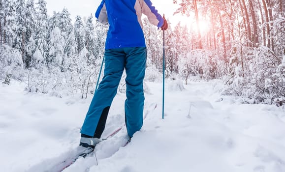 Skier foots in skis in the snowy winter forest. Concept of vacation and weekend.