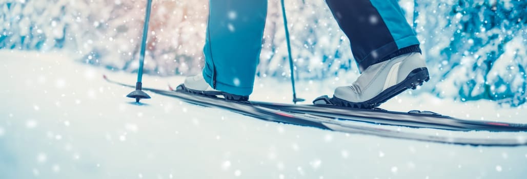 Skier foots in skis in the snowy winter forest. Concept of vacation and weekend.
