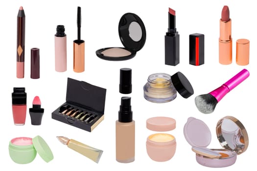 Collage of make up cosmetics and tools. Set of lipsticks, liquid make-up pillow, skin care products, eye shadows powder, serum for face, cosmetic sponge, cream bottle, brush, eyeliner pencil and other beauty accessories isolated on a white background.
