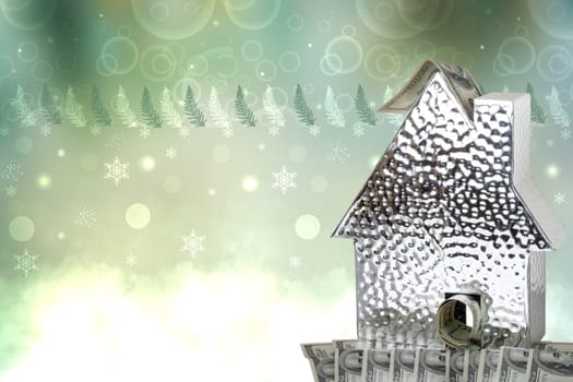 Business, money and finance concept. A metallic house model with many $100 banknotes against an abstract Christmas background. Real estate and saving plans for house. Space.