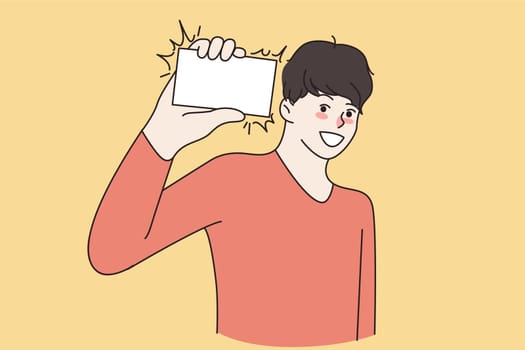 Smiling young businessman show business card to client or customer. Happy man employee suggest businesscard, exchange contact information with partner. Flat vector illustration.