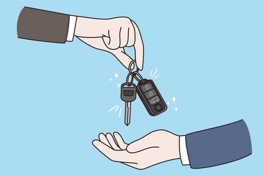 Seller give car keys to man buyer. Buying or renting new or used automobile in saloon or market. Auto dealer congratulate client with purchase. Rental or sale concept. Flat vector illustration.