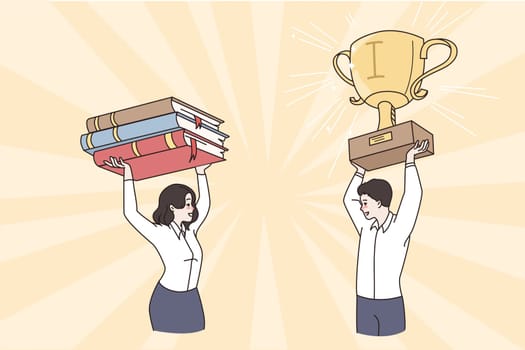 People carry book pile and gold prize in hands. Smiling student get award study learn online, graduate from university or college. Good quality course, distant education concept. Vector illustration.