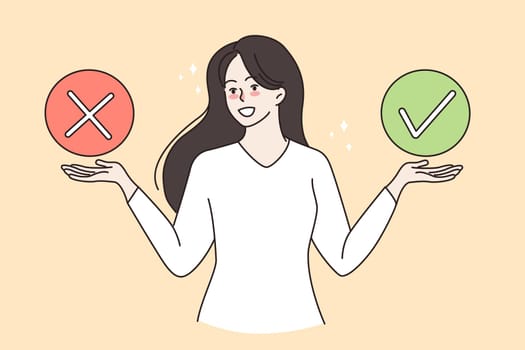 Smiling woman choose among yes or no answer. Happy female make choice or decision with positive negative checkmark. Voting, feedback, customer survey concept. Vector illustration.