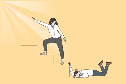 Motivated ambitious happy person reach goal, tired lazy distressed colleague lose hope stay behind. People aim or purpose achievement ways. Weakness and strength. Flat vector illustration.