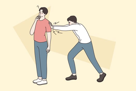 Decisive man push motivate unsure doubtful male thinking considering job offer or position. Guy recommending friend for work vacancy. Business referral option concept. Flat vector illustration.