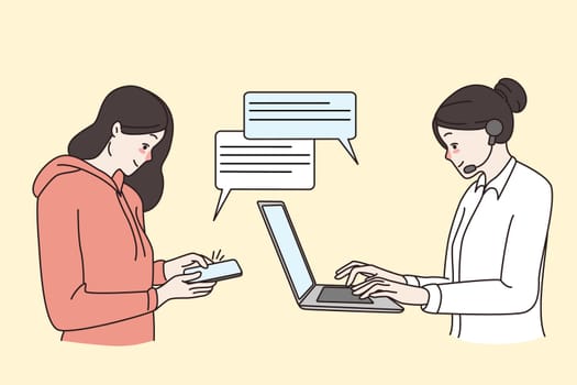 Woman chat online communicate with customer service support available. Female client or customer text message operator ask help from call center agent. Flat vector illustration.