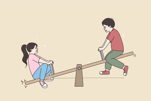 Smiling little kids have fun ride board swing outdoor together. Happy small children relax rets on playground. Childhood, entertainment concept. Cartoon character, flat vector illustration.