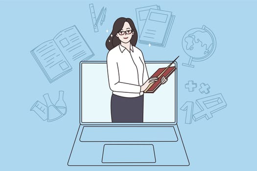 Smiling woman teacher on laptop screen teach student online on home lockdown or quarantine. Happy female tutor or coach have internet webcam class with pupil. Vector illustration. Education.