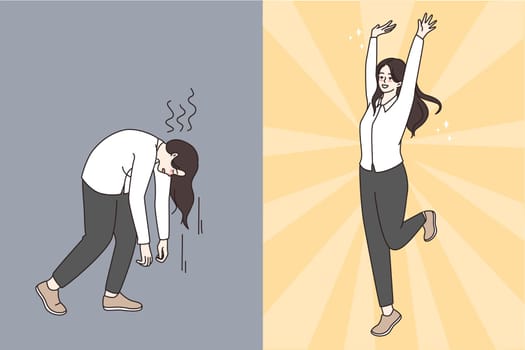Businesswoman express different emotions, feel happy and motivated versus unhappy and stressed. Employee mood swings. Bipolar disorder, job burnout. Vector illustration, cartoon character.