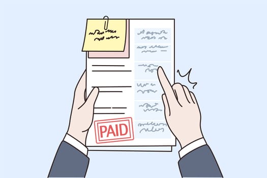 Person hands with stack of documents and bills with paid notice. Man hold invoices or sheets about debt or expense payment. Finances, banking concept. Flat vector illustration, cartoon character.