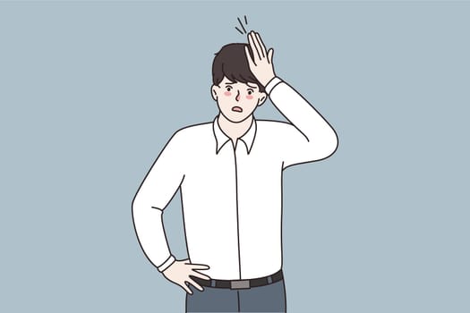 Distressed young businessman hand on head gesture have overwork or deadline at workplace. Unhappy stressed man suffer from migraine or headache. Business problem, workload. Vector illustration.