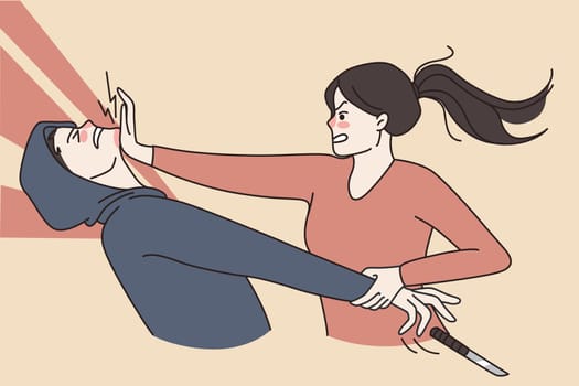 Woman fight thief protect herself from criminal mugging robbing. Decisive strong female defend beat burglar bandit on street. Self defense concept. Flat vector illustration, cartoon character.