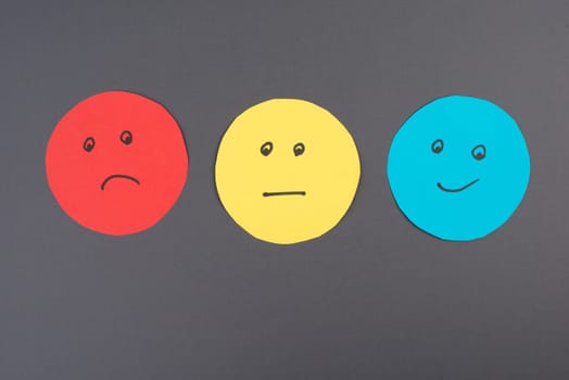 Three faces, smiling, sad in different colors on a grey background, copy space, rating, communication, customer feedback