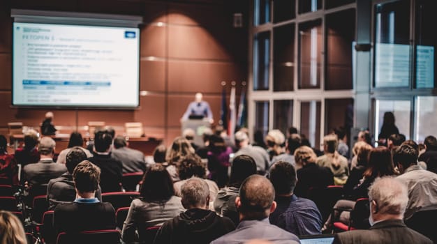 Business and entrepreneurship symposium. Speaker giving a talk at business meeting. Audience in the conference hall. Rear view of unrecognized participant in audience.