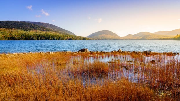 Scenic view of Eagle Lake in Acadia National Park in fall