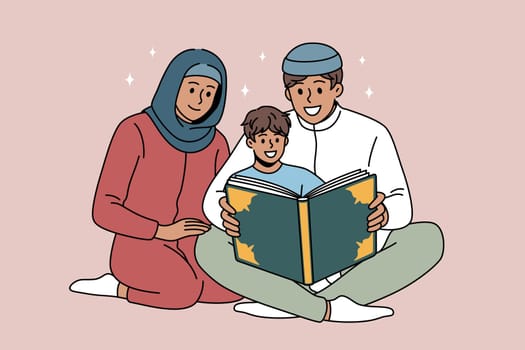 Religious education and islam concept. Happy young arab family father mother and son sitting on floor and reading koran book vector illustration