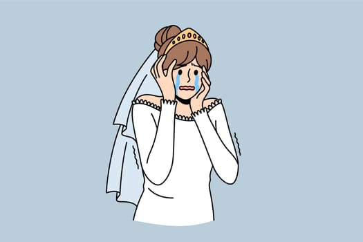 Abandoned bride, deception, betrayal concept. Young sad depressed crying woman wife or bride standing touching face feeling shocked and unhappy vector illustration