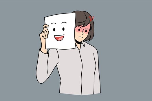 Changing mood for good concept. Young stressed angry woman cartoon character standing holding white paper with smile over face vector illustration