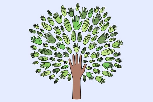 Unity, togetherness and ecology concept. Human hand forming tree with green crown consisting of various hands vector illustration