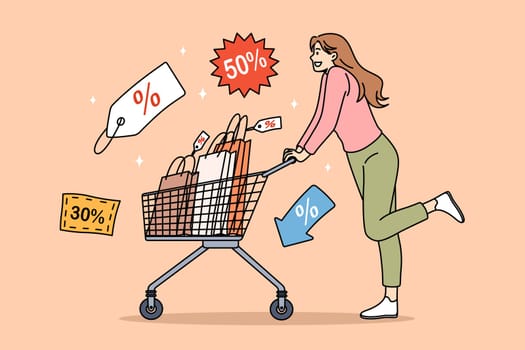 Sales during shopping and purchase concept. Happy young woman cartoon character rolling shopping bag full of discount purchases shopping vector illustration
