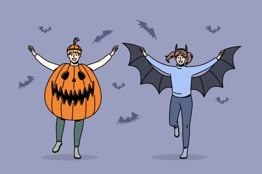 Children celebrating Halloween holiday concept. Two smiling happy children boy and girl wearing spooky halloween costumes celebrating holiday vector illustration