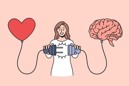 Love and positive emotions concept. Young smiling woman cartoon character standing connecting charging red heart and brain vector illustration